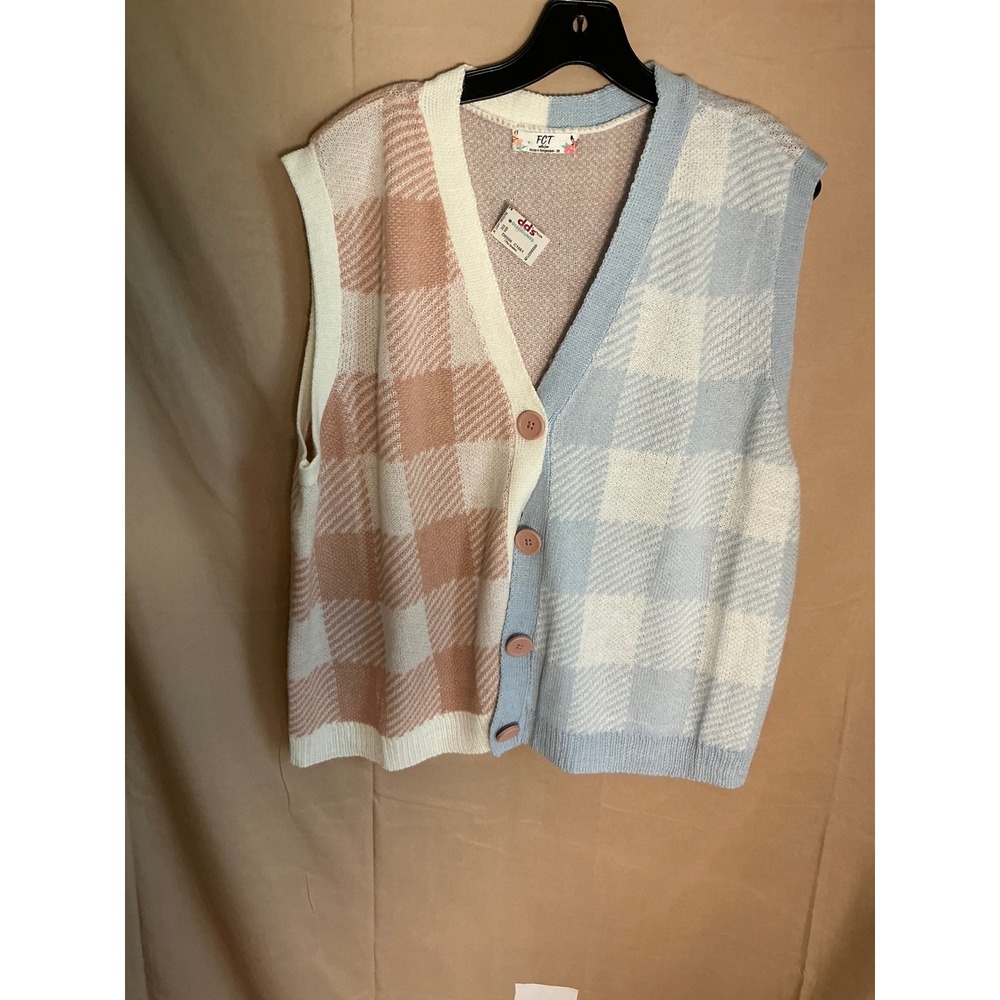 FCT With Love Plaid Cardigan Sweater Vest Womens 3X Blue Peach NWT X7H0503S